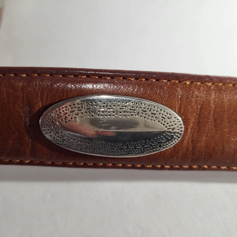 Brown Leather Belt 46 Silver‑Tone Buckle Medallions Western Unisex